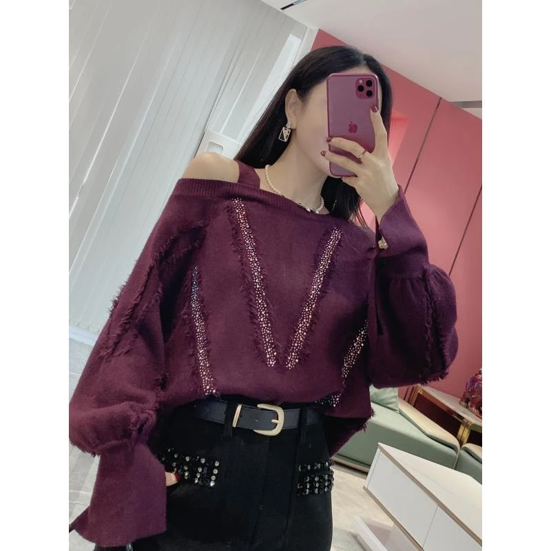 【露肩毛衣】流苏烫钻左露肩毛衣60019