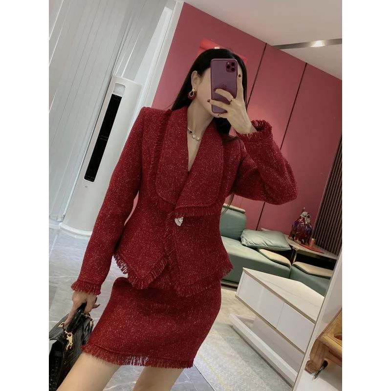 【短裙套装】亮丝流苏翻领外套+短款半身裙（YD29Z）6887