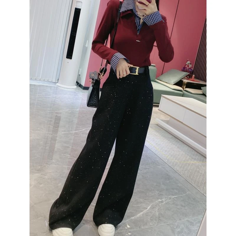 【亮片甩裤】腰带磨毛绒亮片直筒毛呢阔腿裤（YDE1）8363