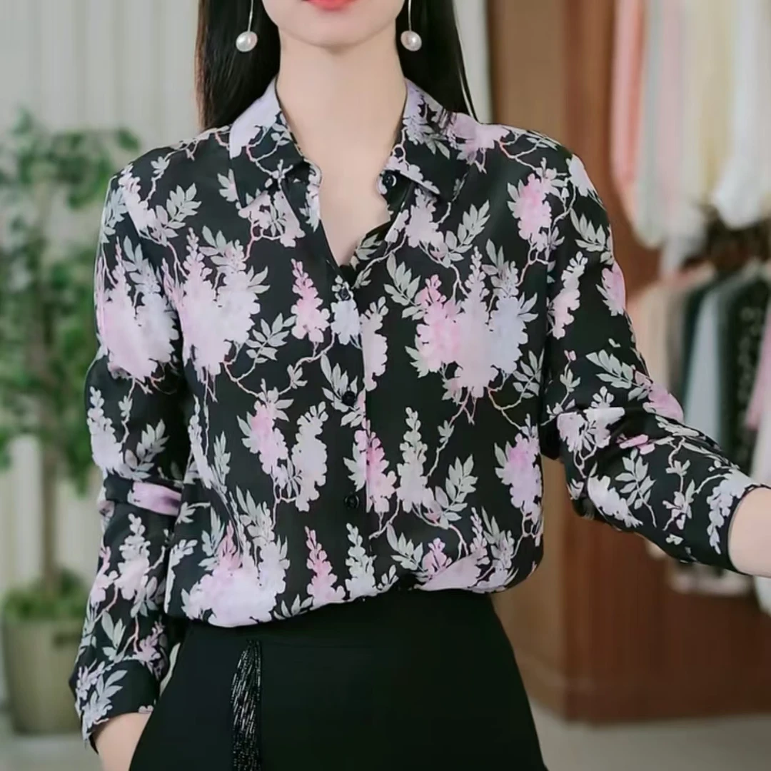 2025年新款欧货桑蚕丝衬衫上衣显瘦气质时尚休闲修身印花8395