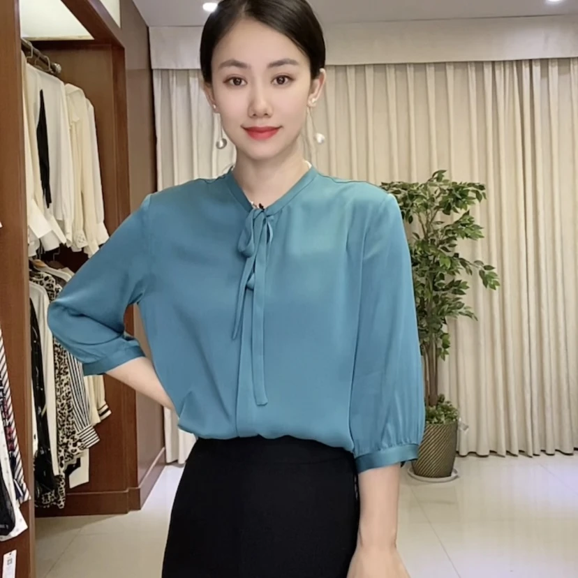 2025年夏季新款蚕桑丝七分袖女士显瘦气质时尚上衣纯色衬衫女8390