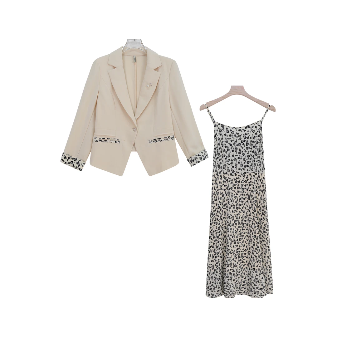 法式复古长袖印花气质吊带连衣裙套装S1242