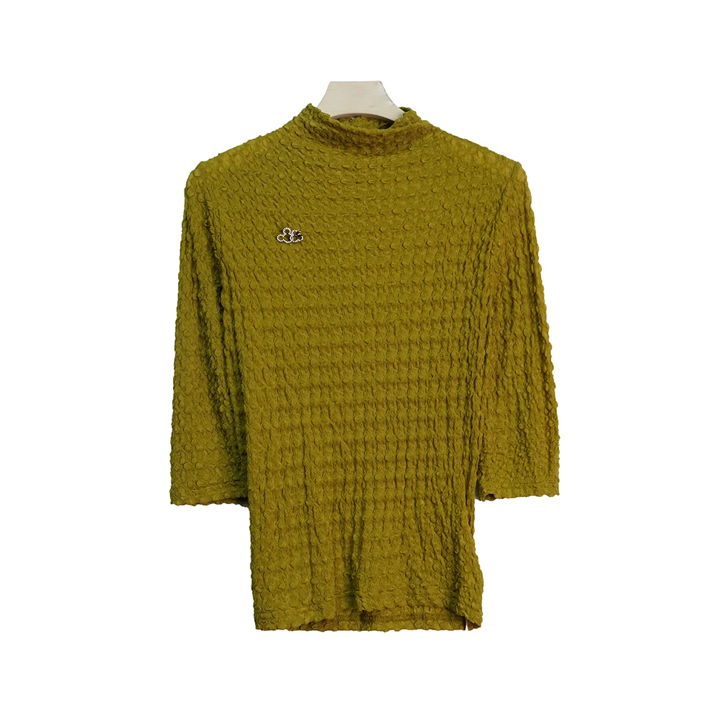 时尚高领黄绿色弹力泡泡褶T恤X3106