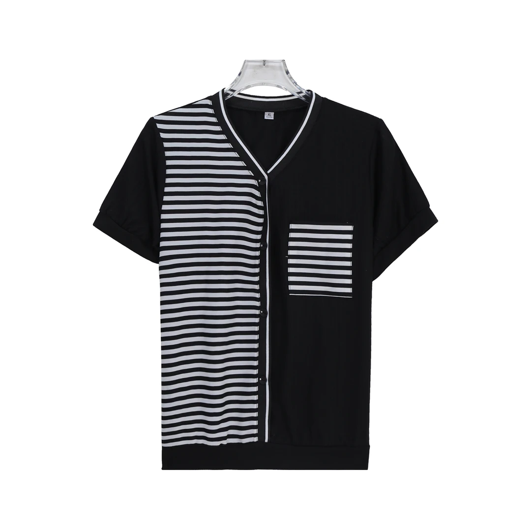 夏季条纹圆领拼接撞色气质简约T恤S1376