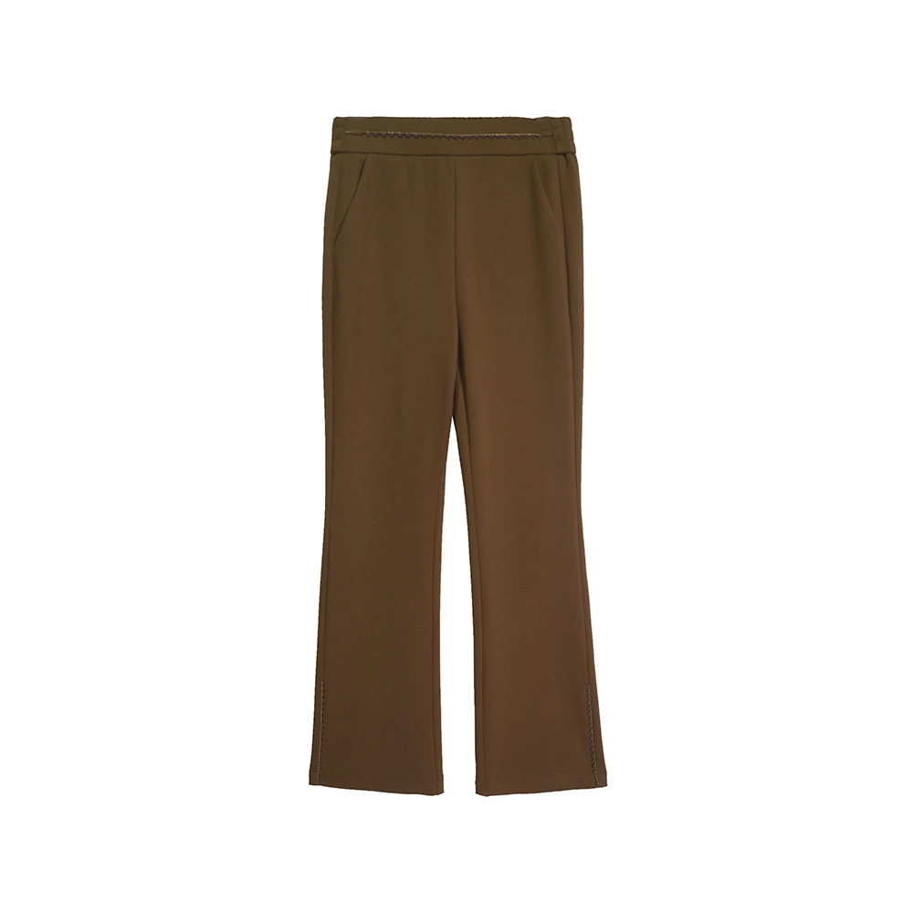 X23144【上新】春季高腰显瘦气质简约弹力松紧腰咖色微喇休闲裤3Q