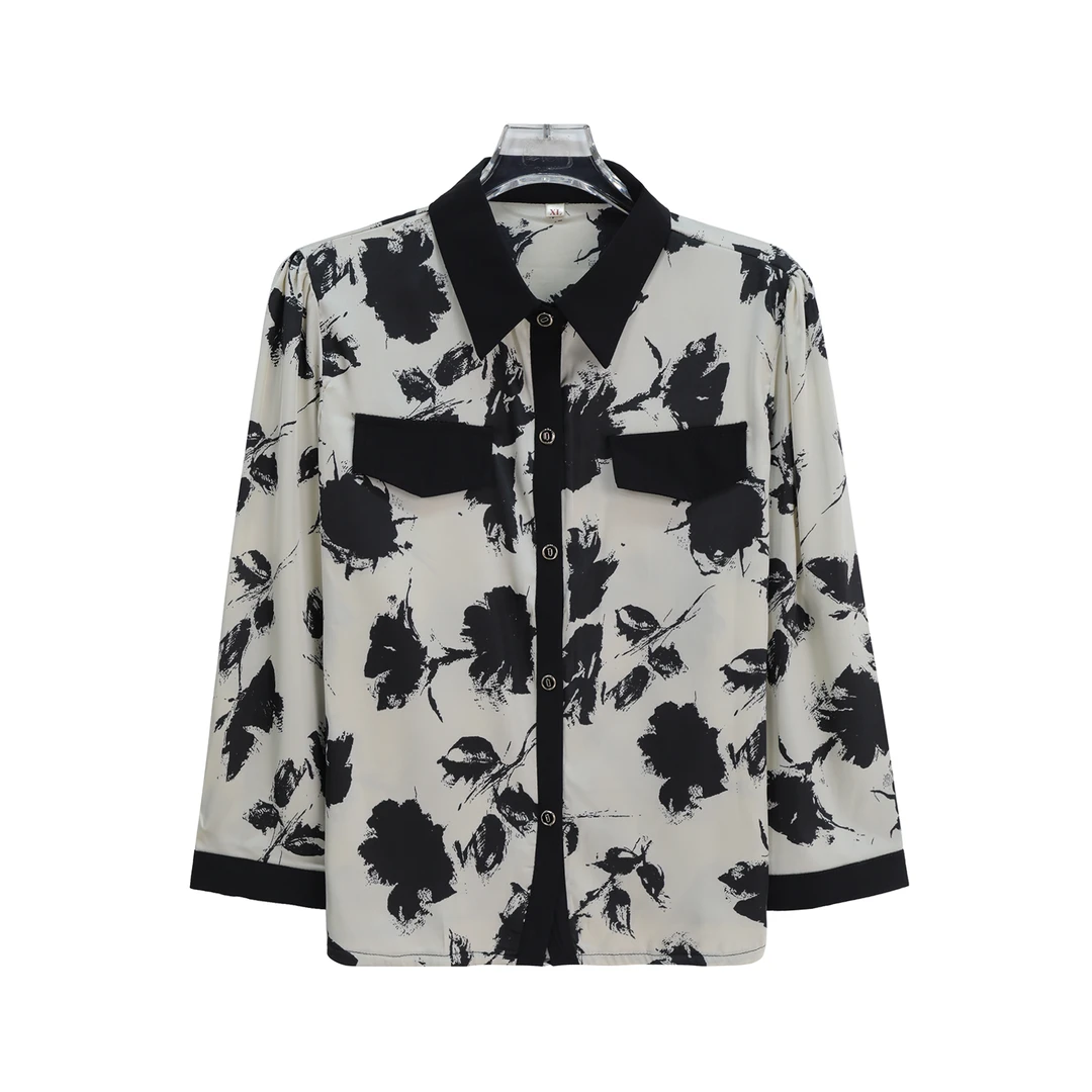 时尚翻领印花长袖衬衫宽松气质百搭长袖上衣S2059