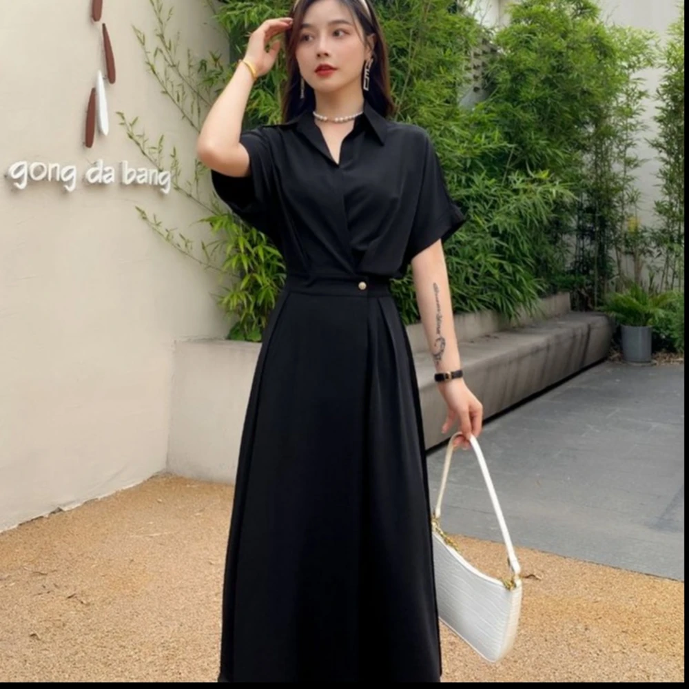 X292【夏季新款】黑色高级感御姐气质女神范法式衬衫连衣裙
