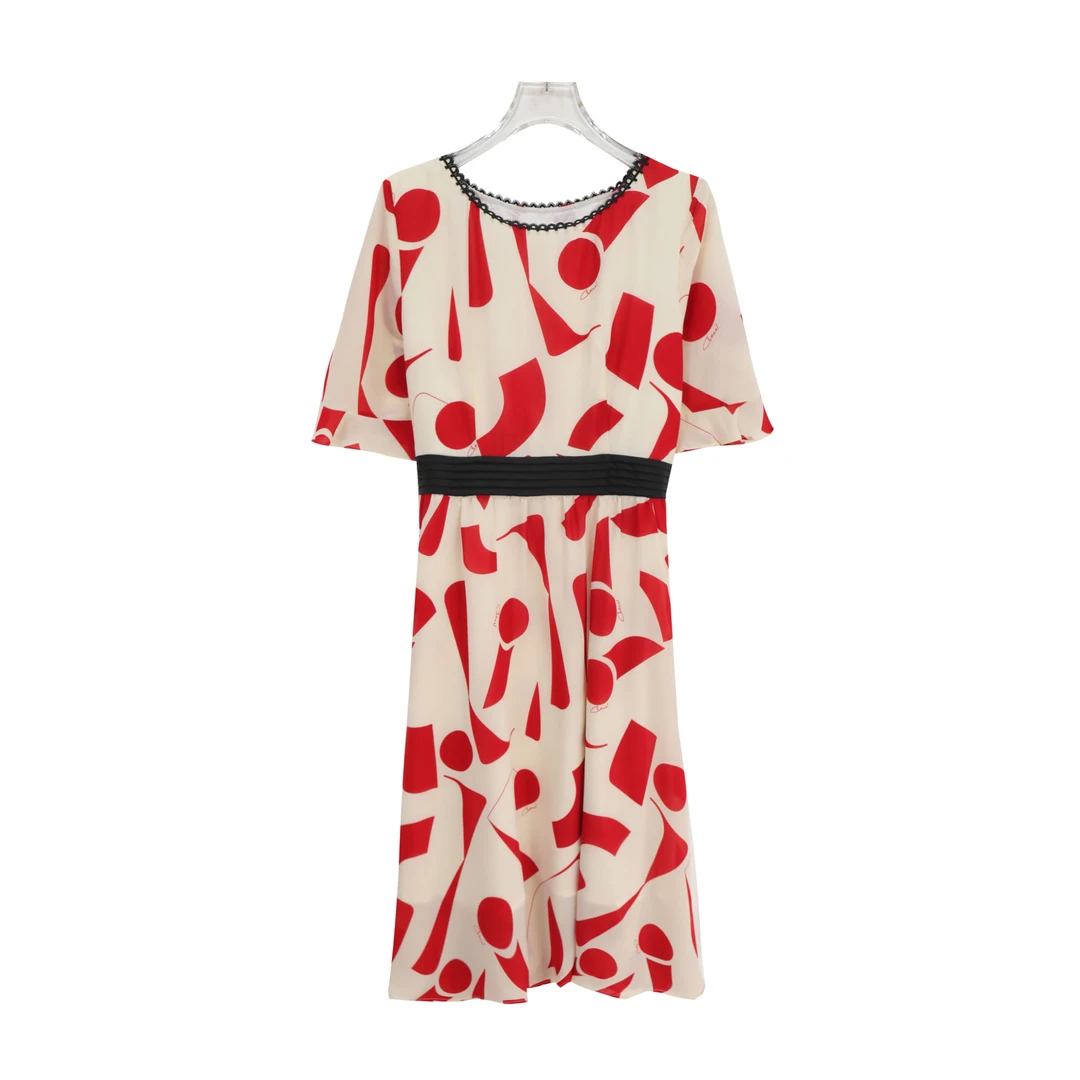 夏季新款高级感气质轻熟收腰印花连衣裙S1758