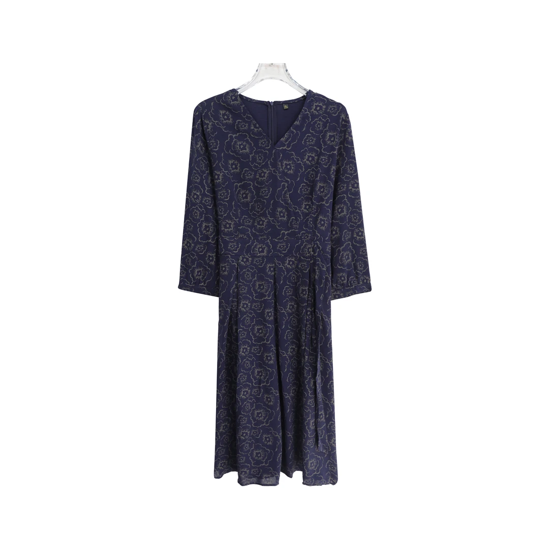 宽松减龄V领收腰显瘦印花长袖连衣裙S3870