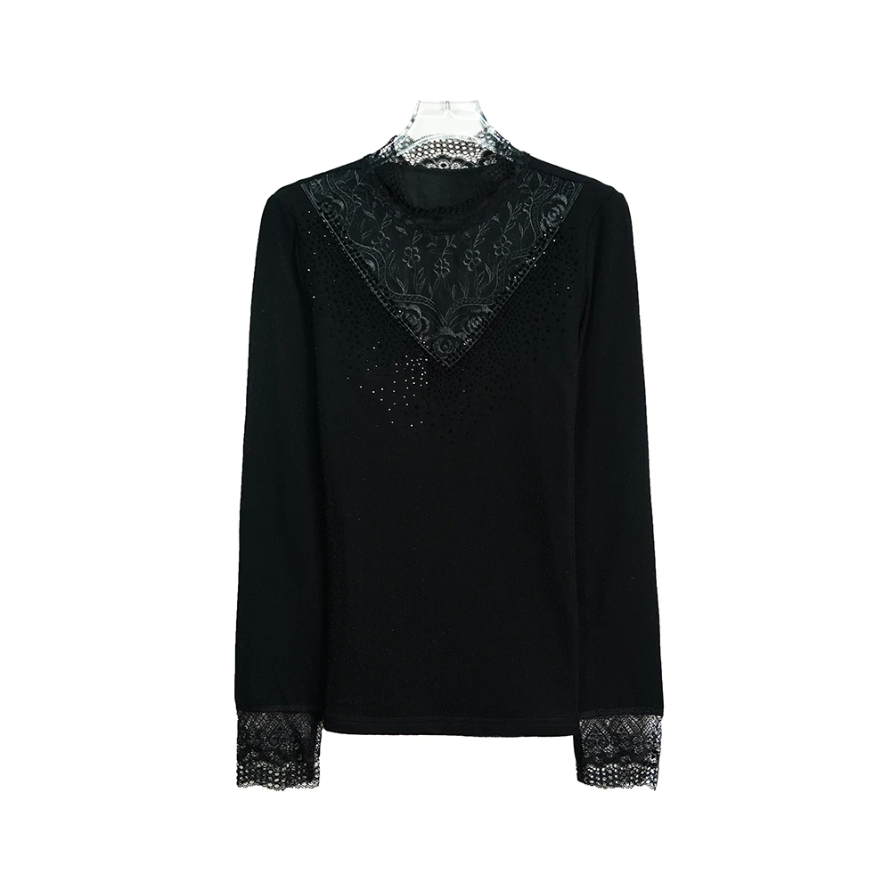X8360【上新】亮钻薄绒加厚打底衫刺绣印花拼接V领高级感性感上衣