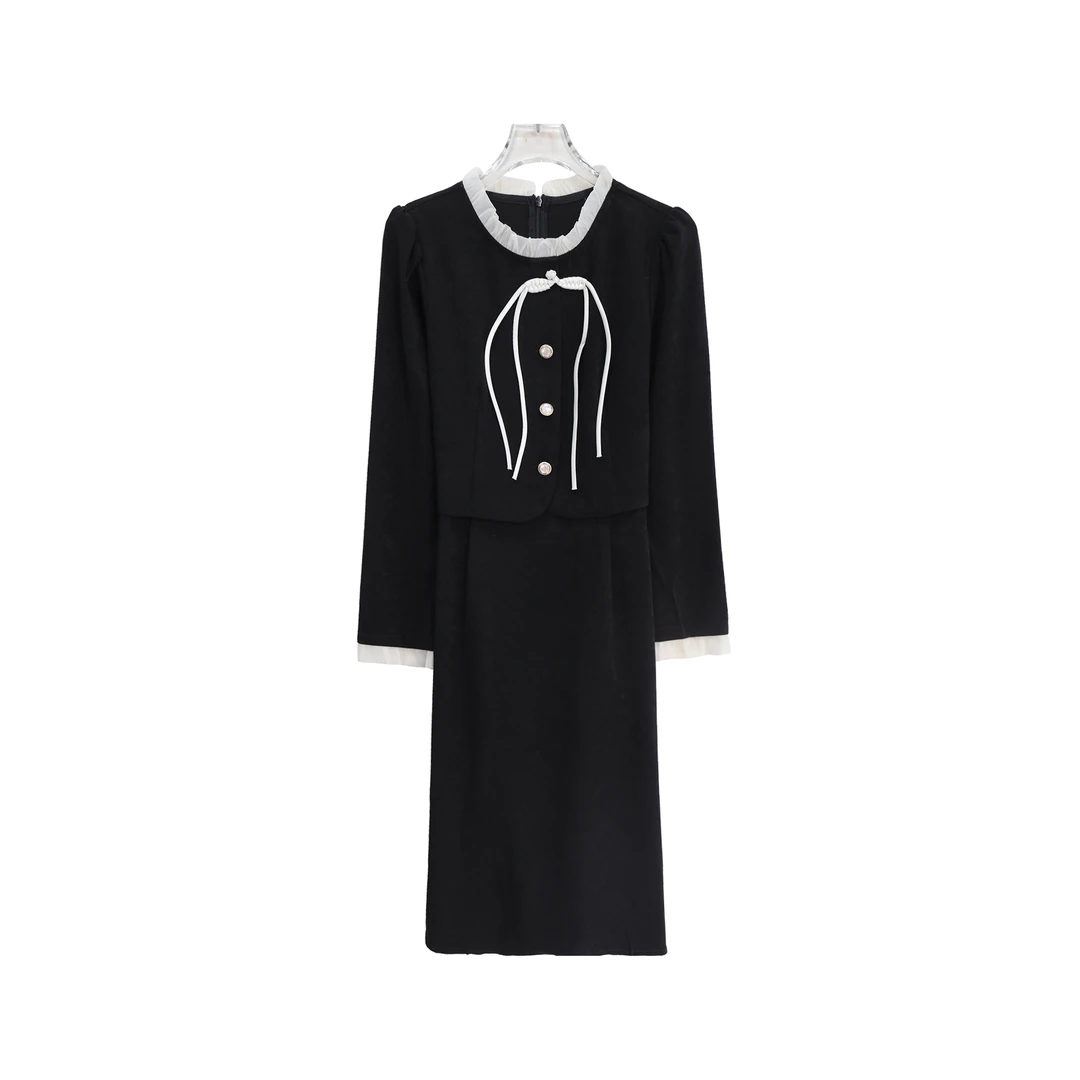 法式复古假两件花边显瘦连衣裙S4063