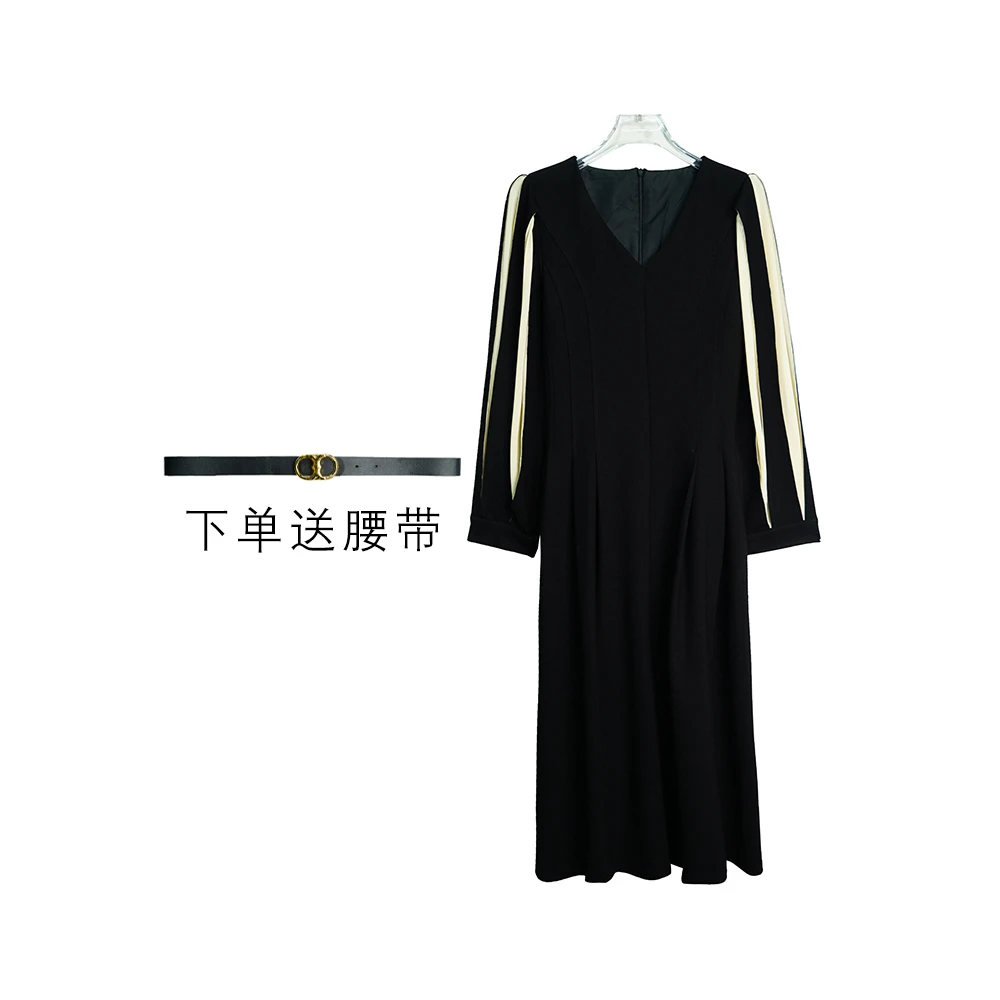 X2543【上新】法式V领拼接长袖设计感小众气质显瘦a字连衣裙3Q