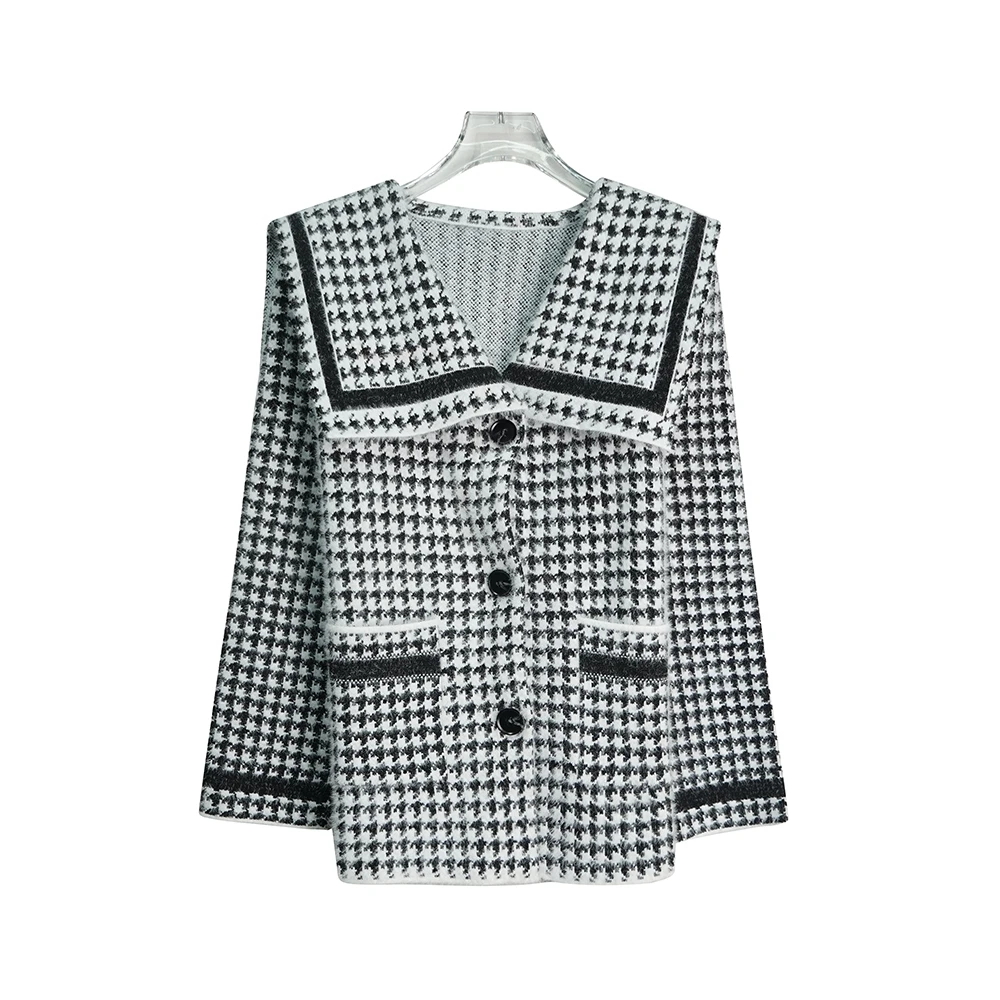 BL1257【春季新款】时尚白色韩版海军领千鸟格宽松外套