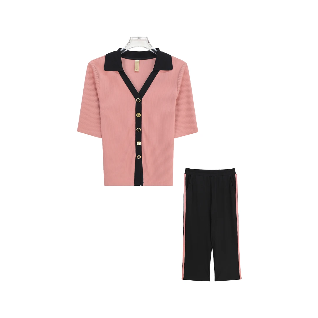 翻领高级感撞色拼接T恤休闲裤套装S754