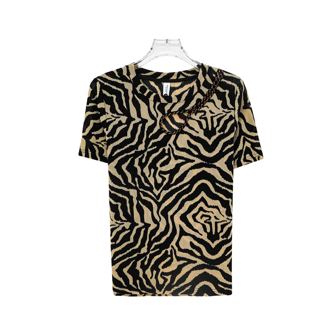 X26294时尚圆领印花短袖T恤韩版套头气质小衫