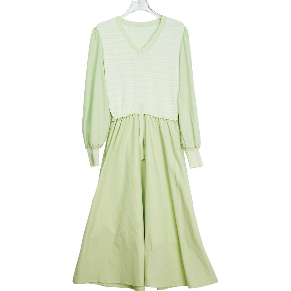 E1902【新款】时尚抽绳针织拼接v领长袖绿色连衣裙