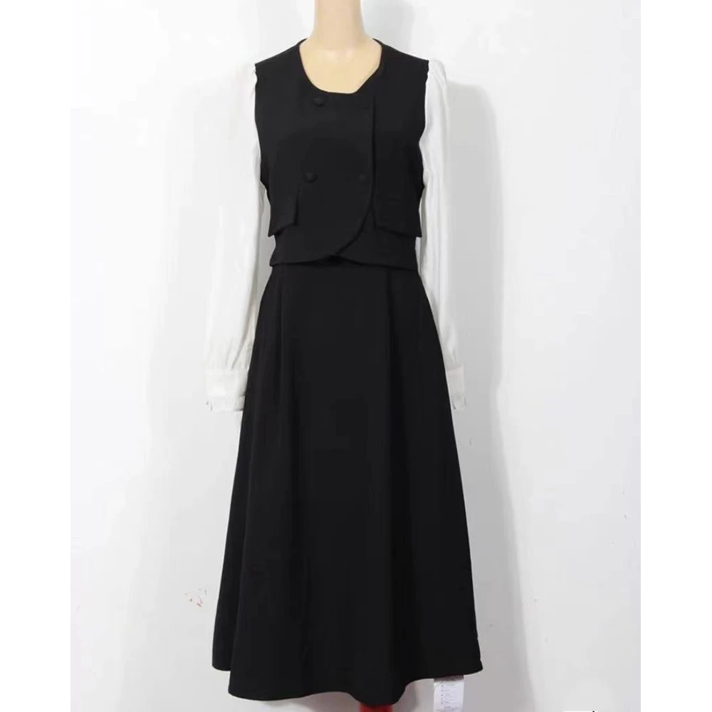 E3018【新款】时尚赫本风法式假两件黑色连衣裙