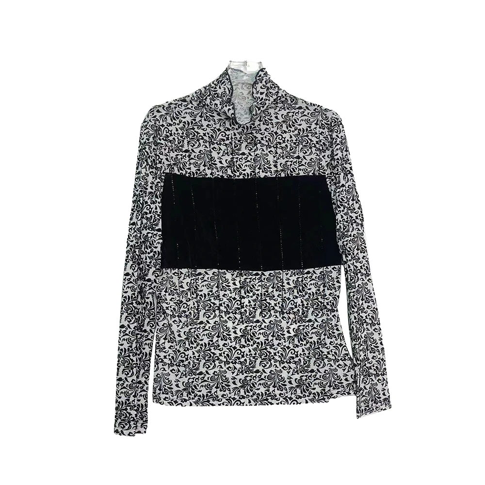 E6790时尚拼接黑色半高领印花打底修身上衣