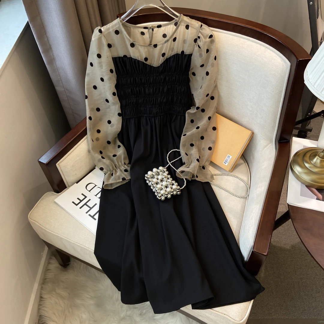 法式波点米白色长袖拼接收腰连衣裙E3781