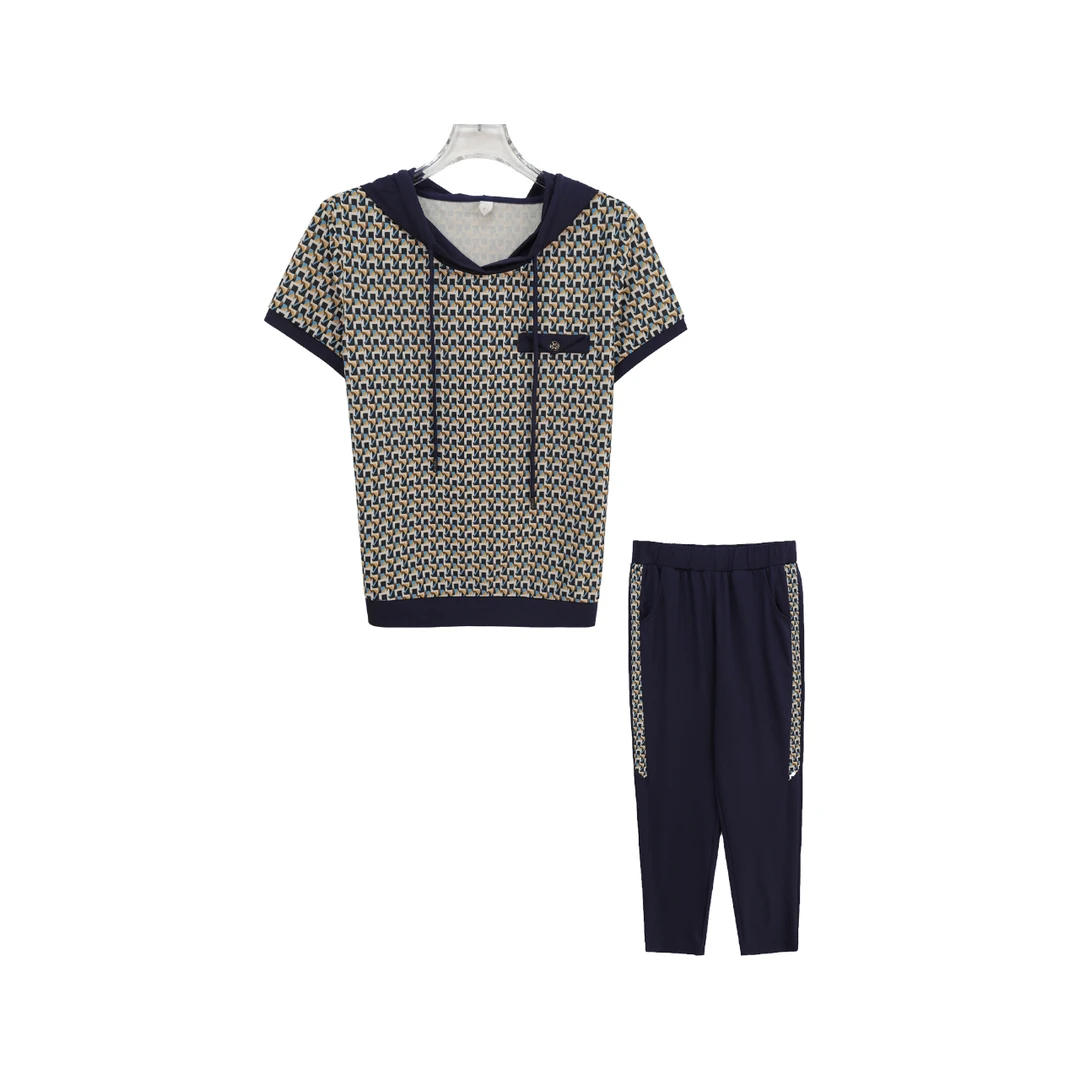 休闲减龄印花连帽卫衣时尚舒适休闲裤套装S1055