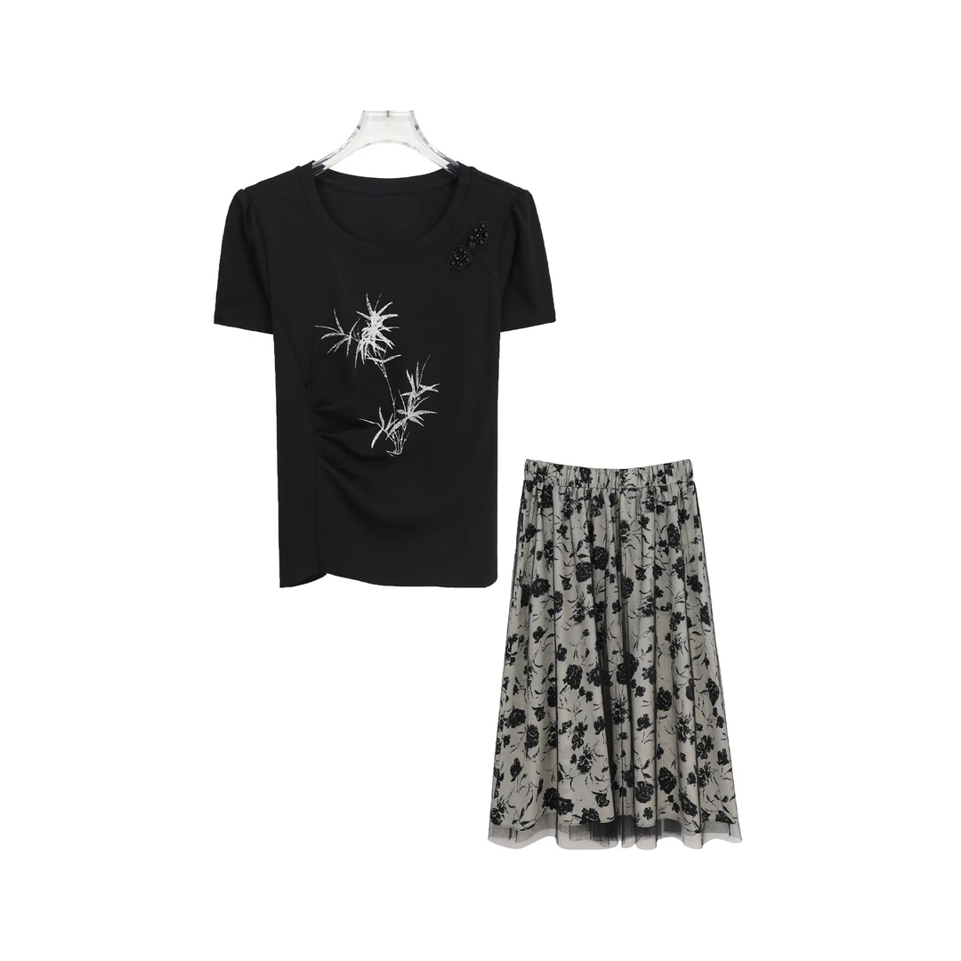 新中式花朵印花短袖网纱半身裙套装S660