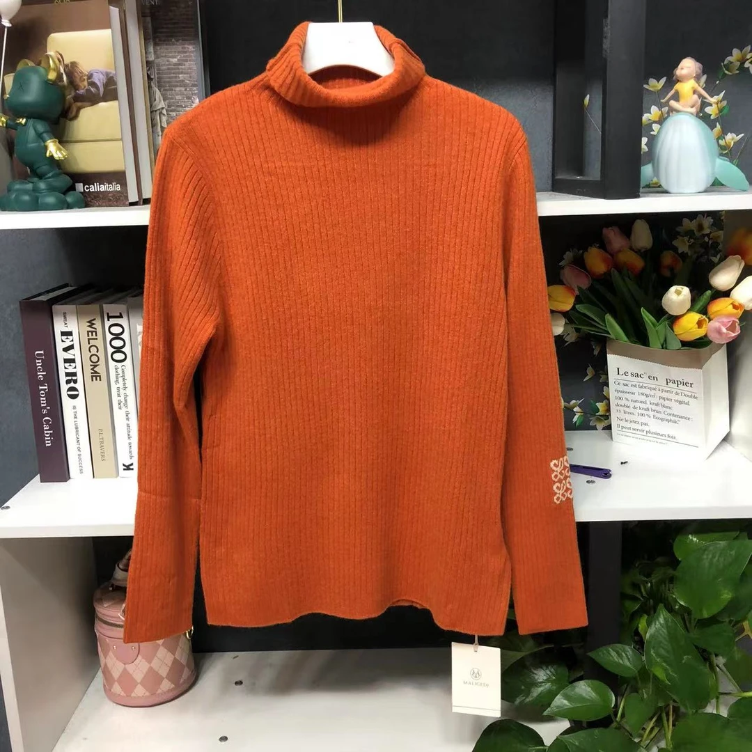 ML0888【品牌撤柜】时尚高领橘红色竖条纹百搭毛衣