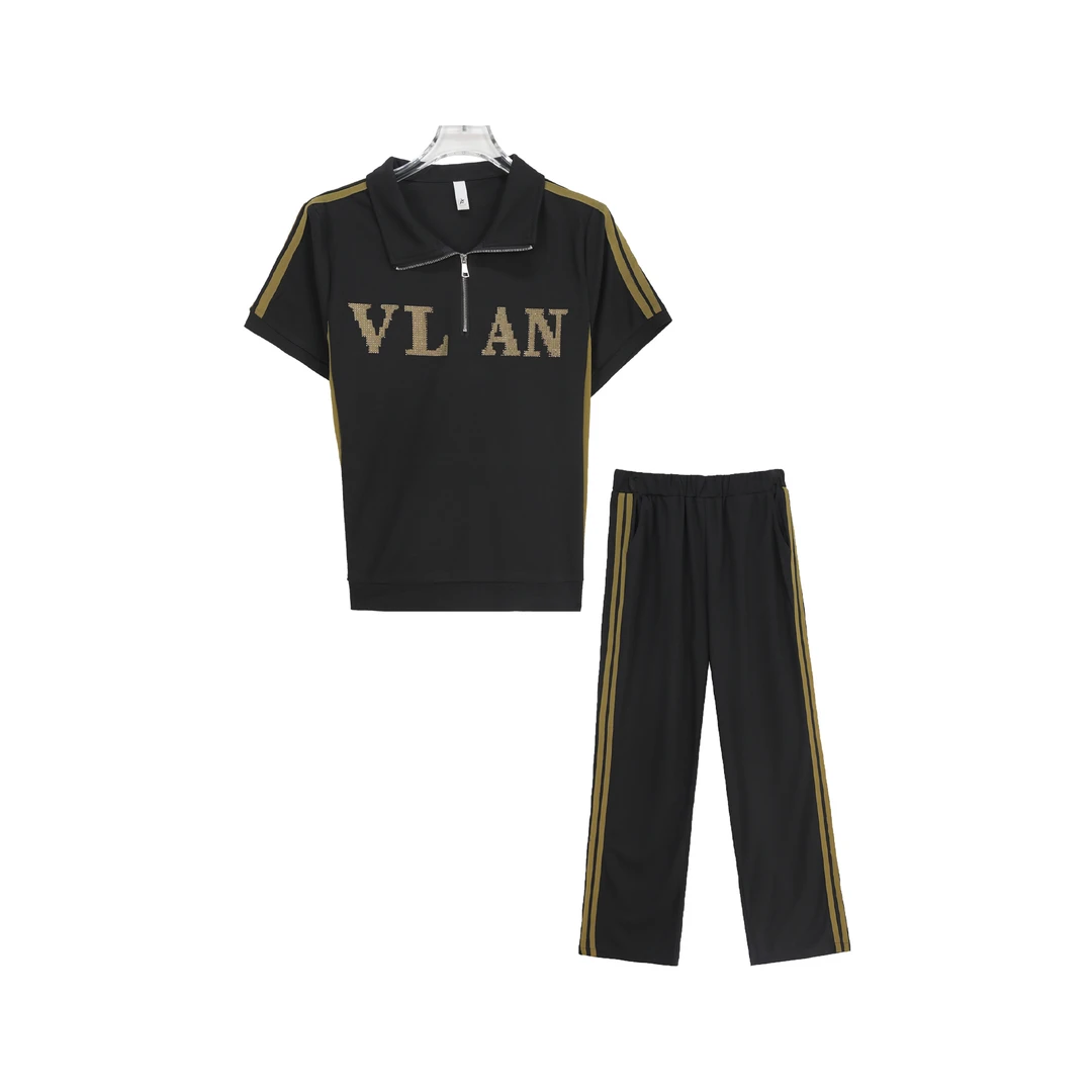 洋气立领拼接T恤夏季休闲舒适两件套S556