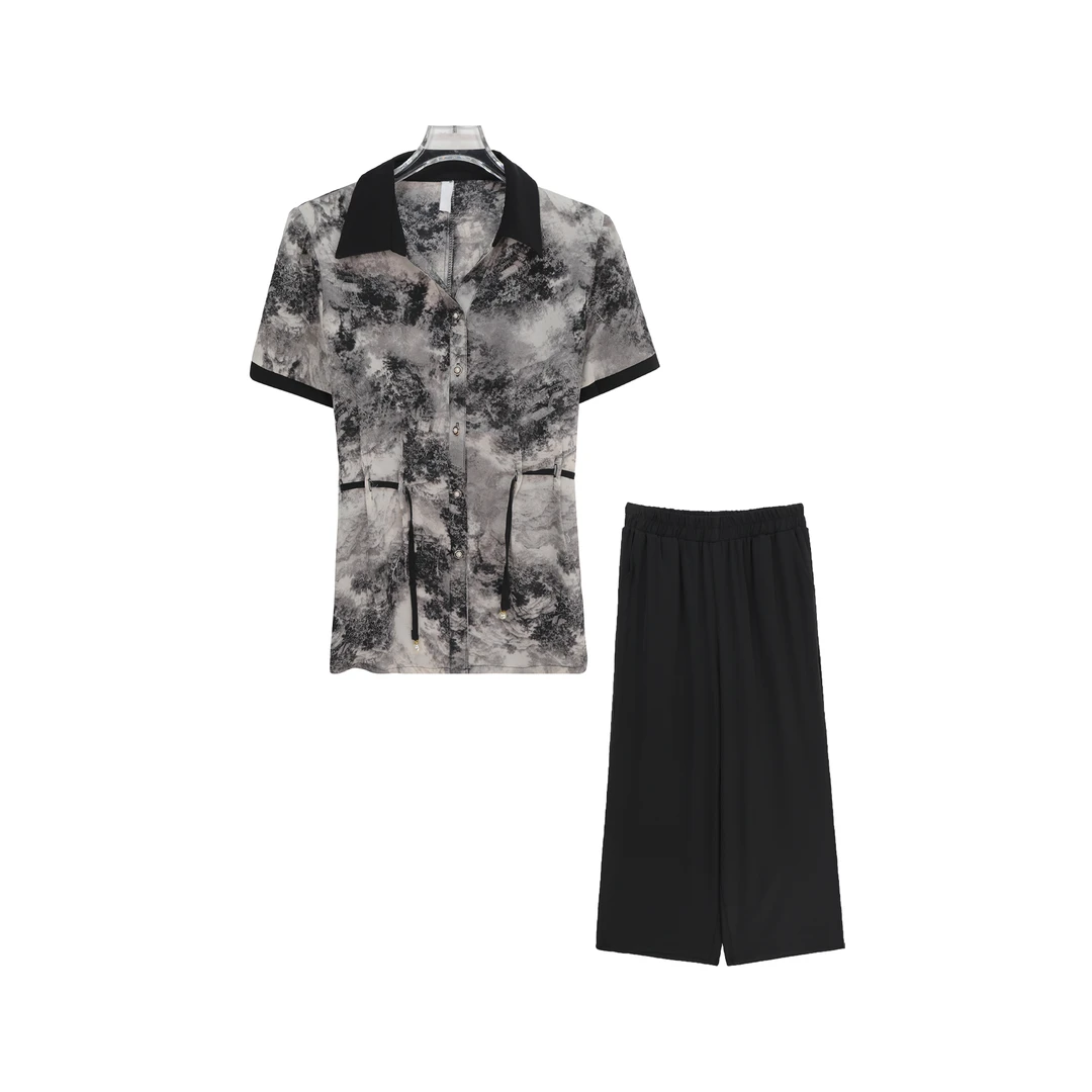 气质水墨印花宽松垂感短袖阔腿裤套装S546