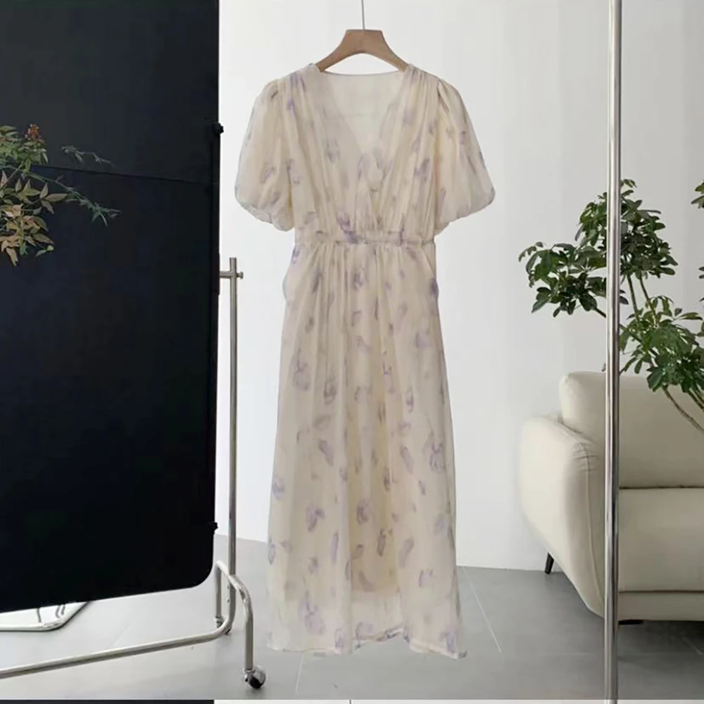 时尚潮流绳系收腰水墨画紫色连衣裙E2331