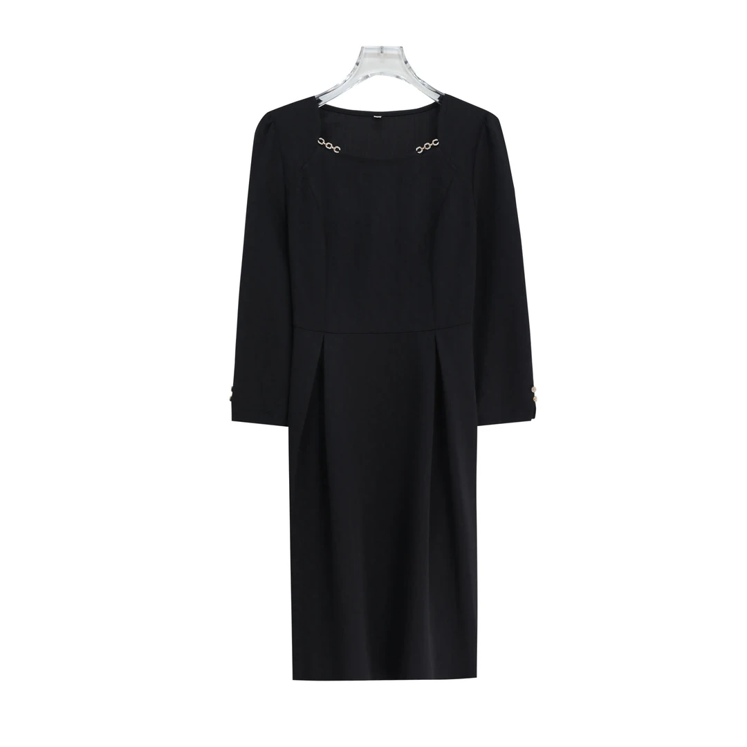 简约收腰优雅长袖百搭长款轻奢连衣裙S2558