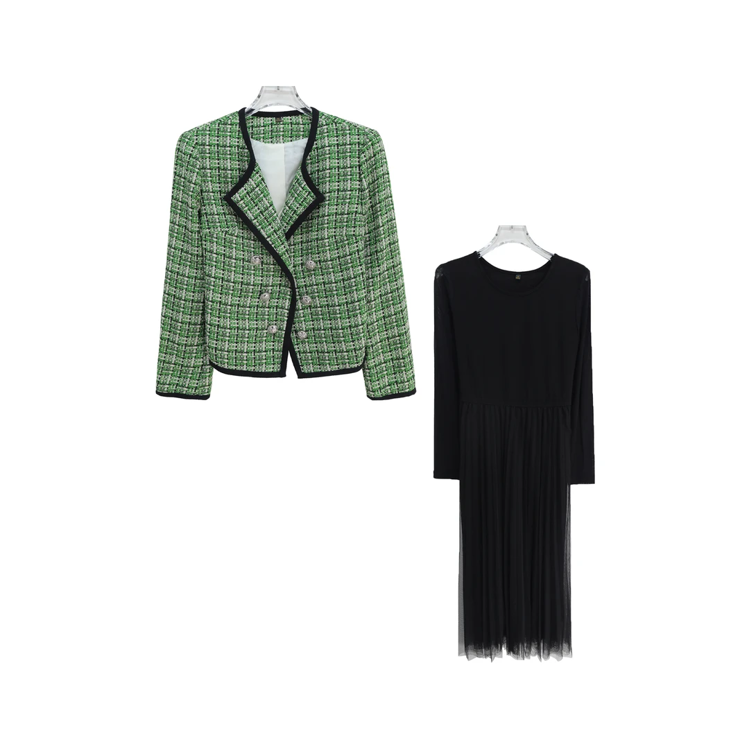 粗花呢小香风短外套圆领拼接连衣裙套装S2569