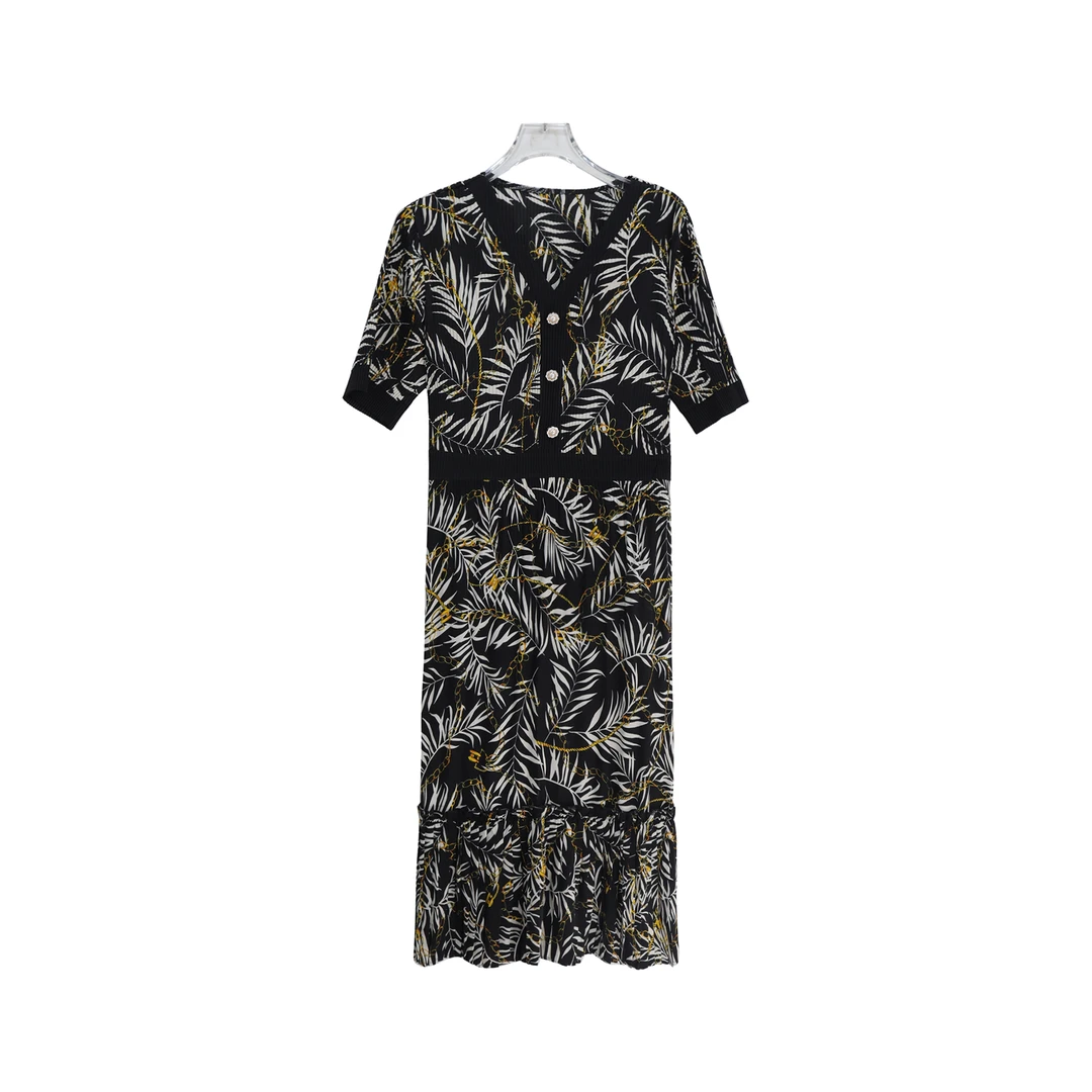 夏季新款高级感V领收腰气质复古印花连衣裙S1910