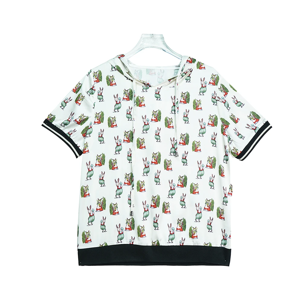 X24116【上新】小众设计动物图案连帽白色T恤