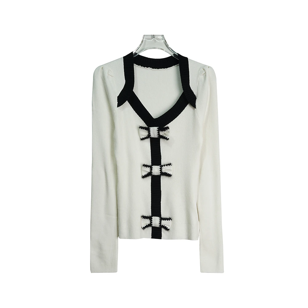 E20280 【品牌撤柜】法式泡泡袖蝴蝶结白色复古方领别致上衣3Q