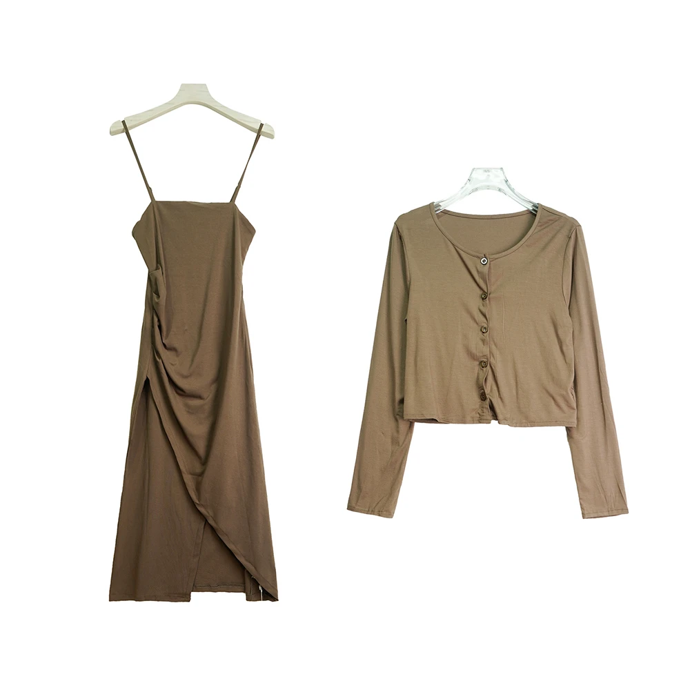 性感腰部褶皱开叉吊带裙长袖开衫两件套装E88030