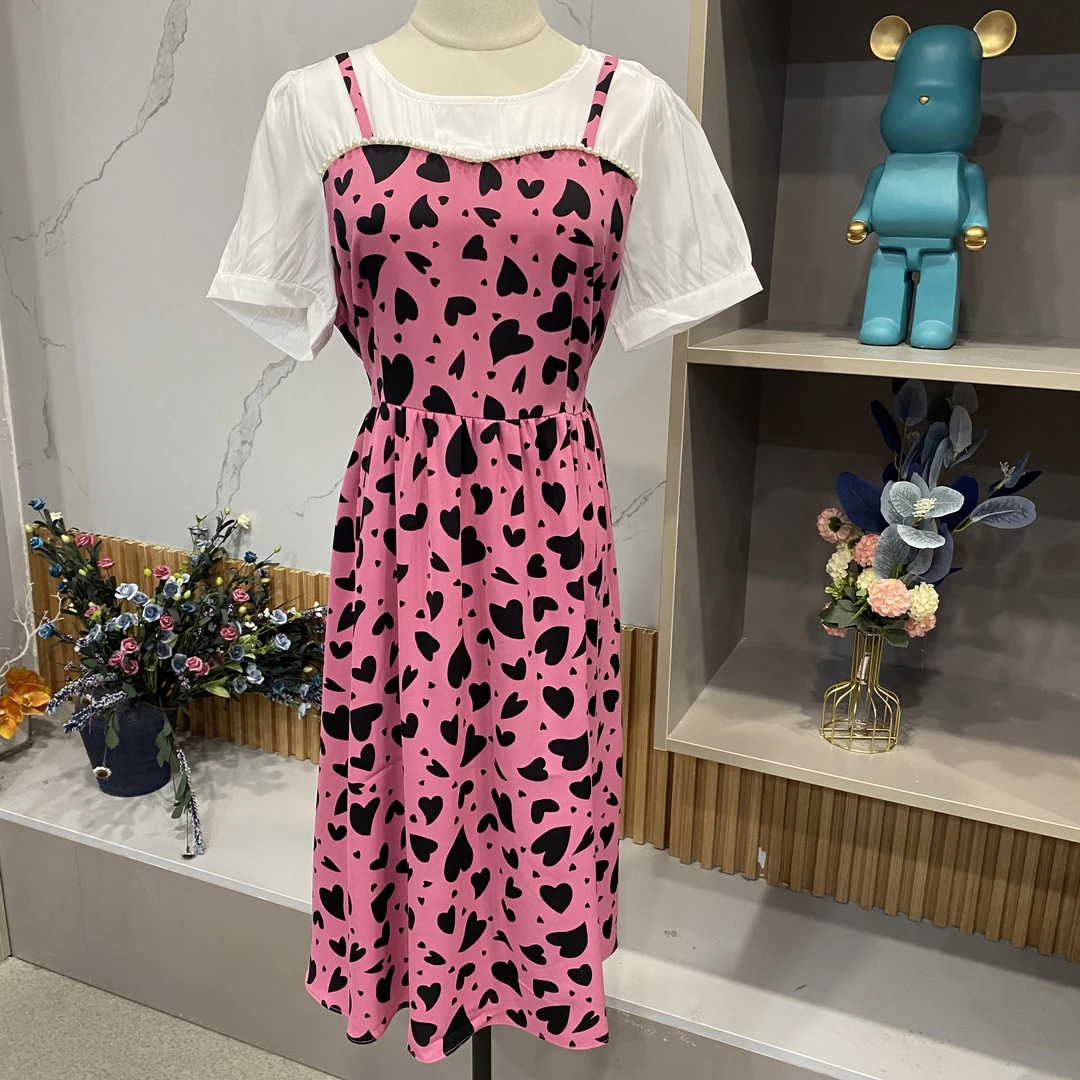 E2225【夏季新款】时尚玫粉色圆领珠子爱心印花假两件气质连衣裙