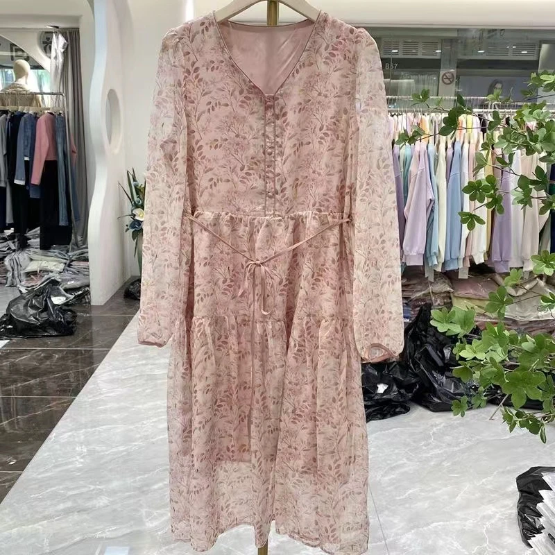 E83130【新款】时尚甜美粉色碎花连衣裙