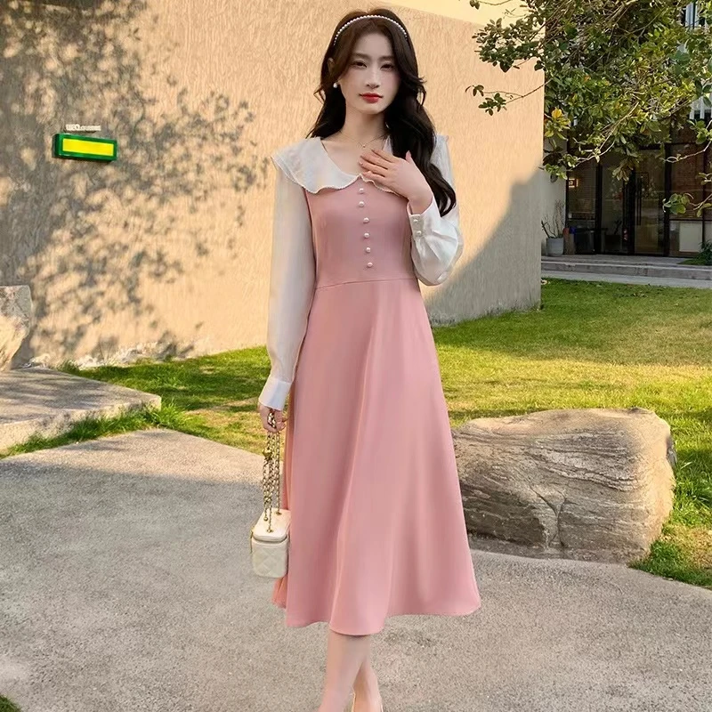 E23190【新款】时尚小香风小众设计气质收腰粉色连衣裙