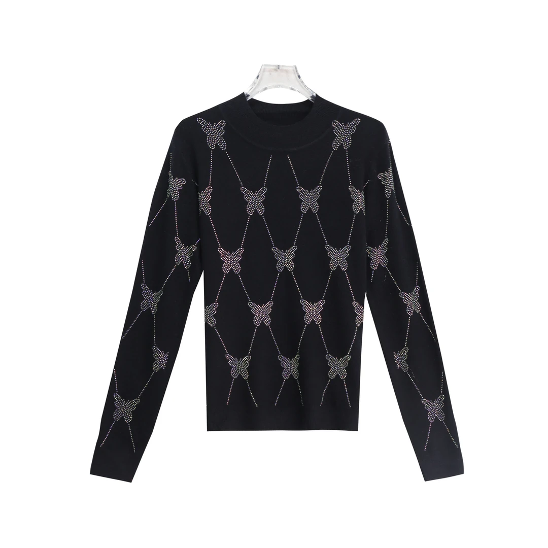 圆领套头慵懒风软糯烫钻蝴蝶印花针织衫X27301