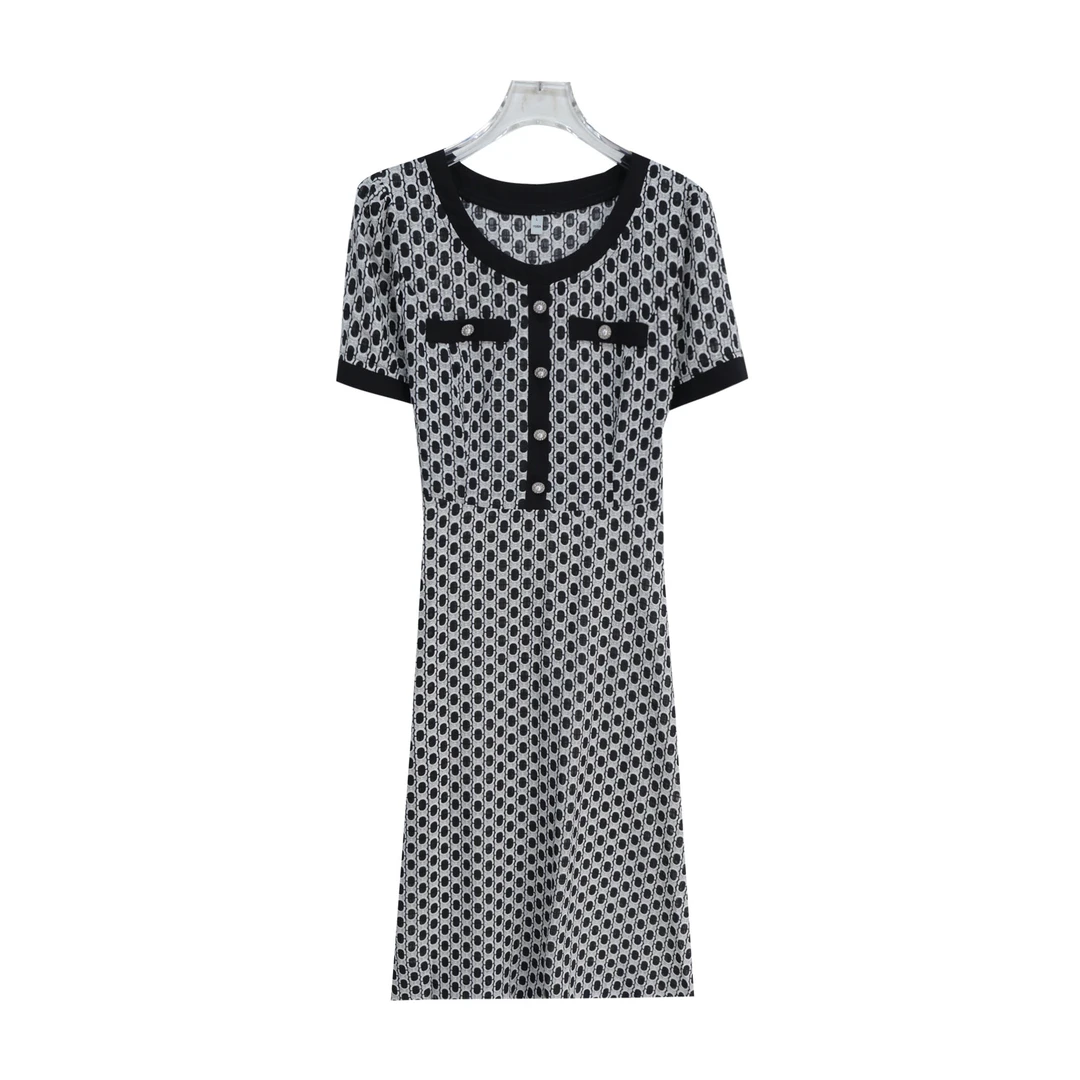 法式优雅修身显瘦时尚气质圆领印花连衣裙S2219