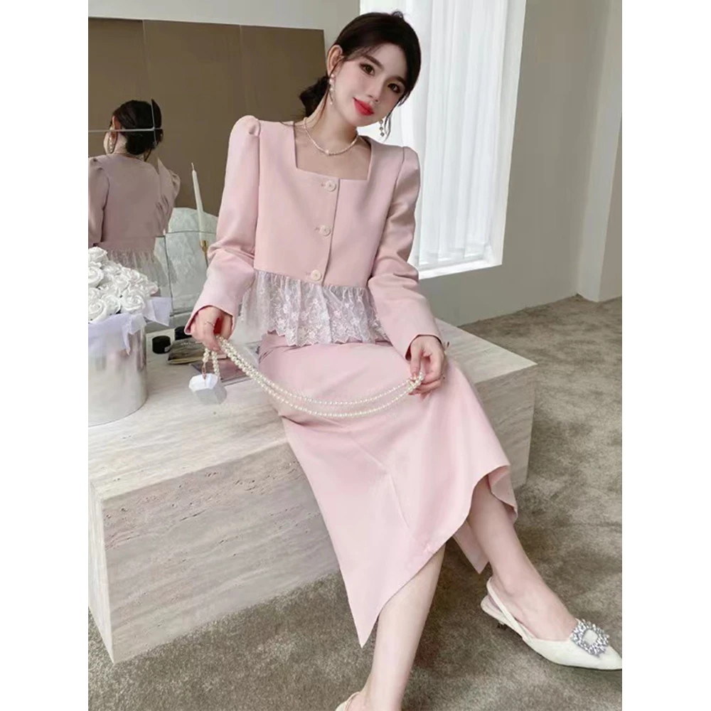 E2326【新款】时尚粉色法式蕾丝拼接设计套装