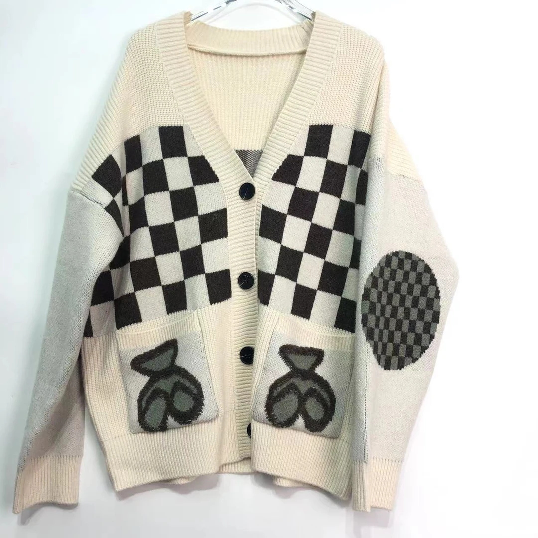 时尚V领棋盘格针织开衫外套N6017