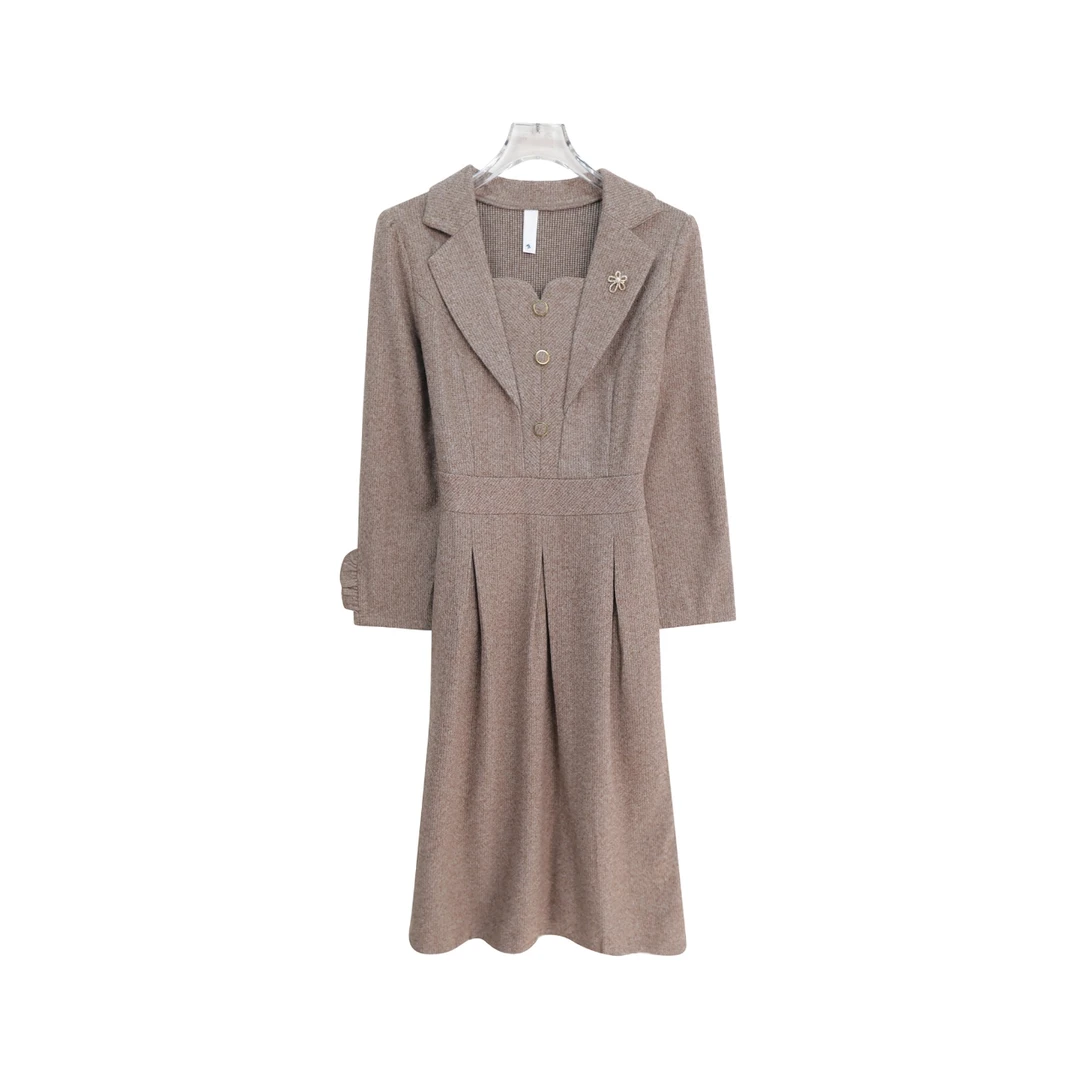 气质收腰显瘦名媛风西装领中长款连衣裙S4778