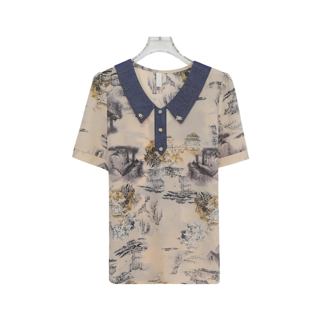 翻领百搭复古印花休闲宽松减龄设计感T恤X26712