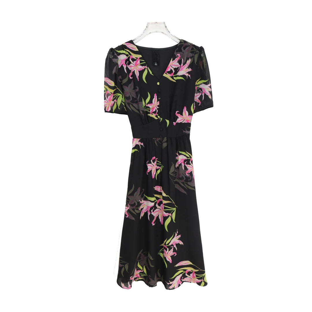 百合印花气质收腰通勤减龄连衣裙S703