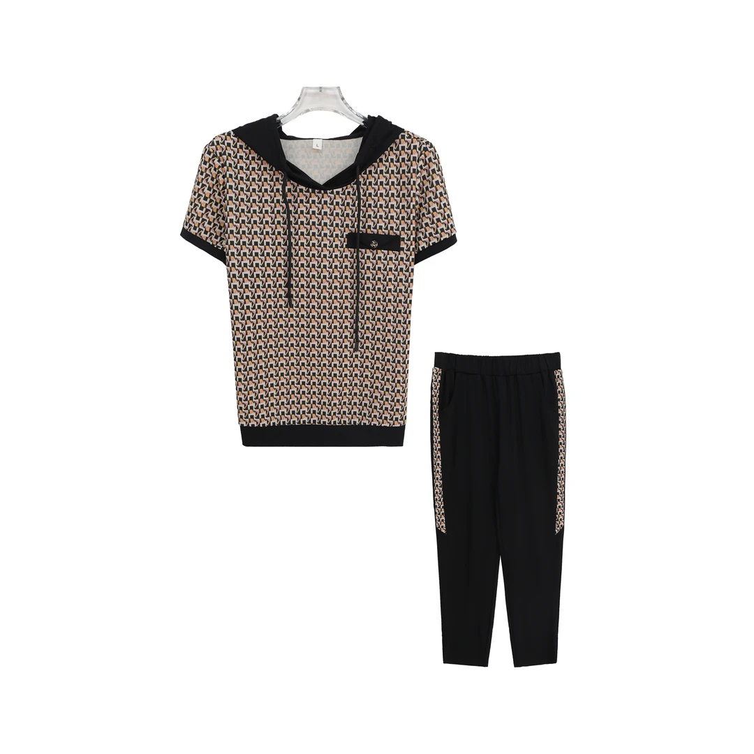 休闲减龄印花连帽卫衣时尚舒适休闲裤套装S1055