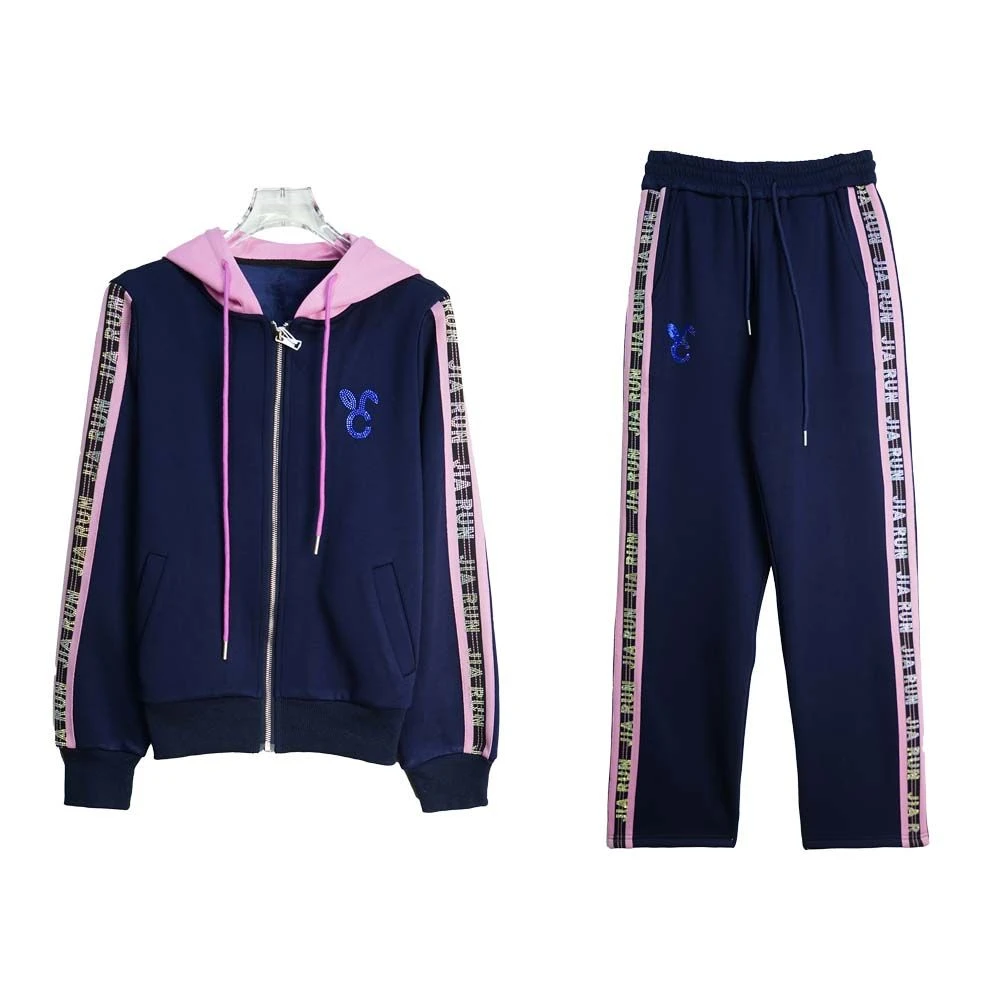 X2557【上新】烫钻字母加绒加厚连帽卫衣外套休闲裤套装3D