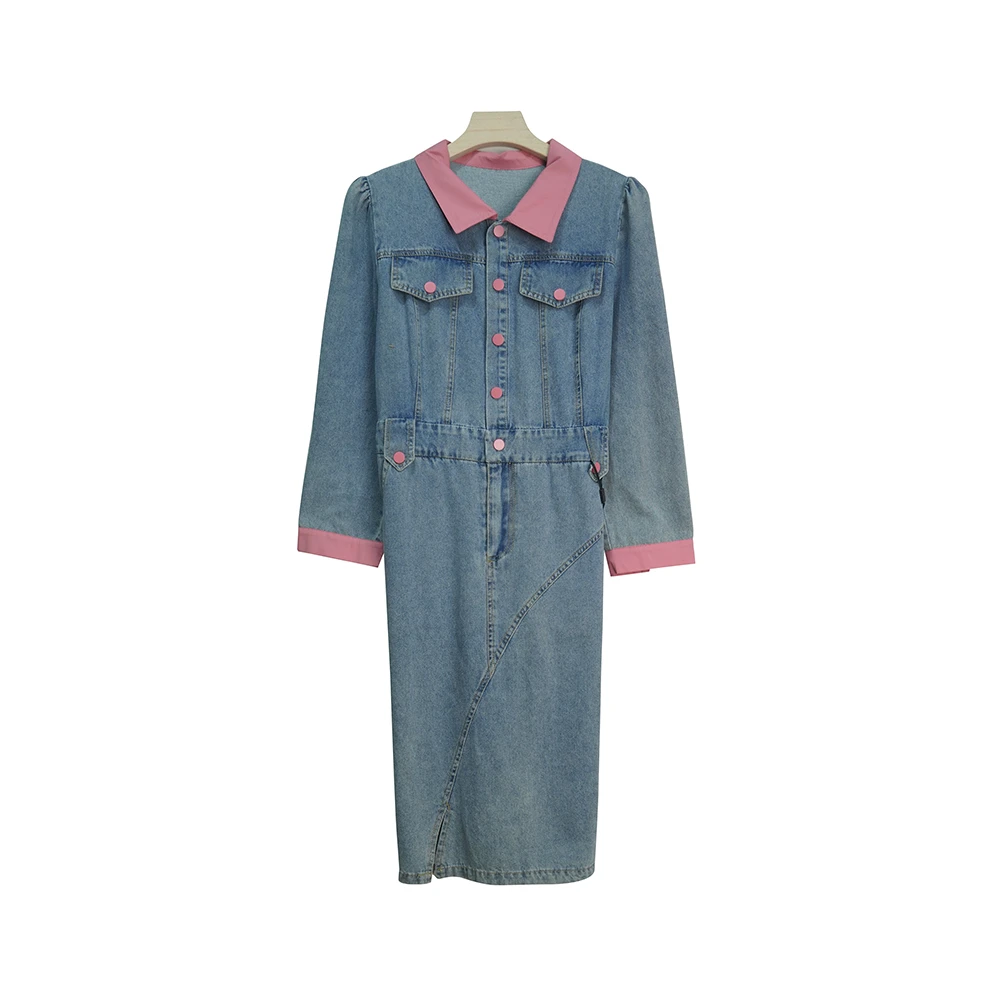时尚粉色衬衣领拼接系扣前开叉牛仔连衣裙E283009