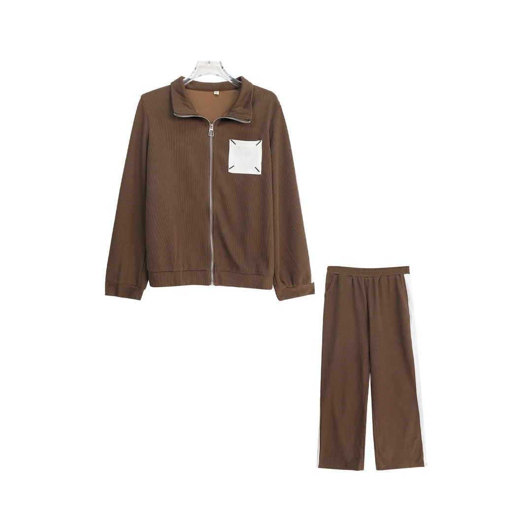 条纹拼色拉链宽松减龄上衣休闲阔腿裤套装S3657