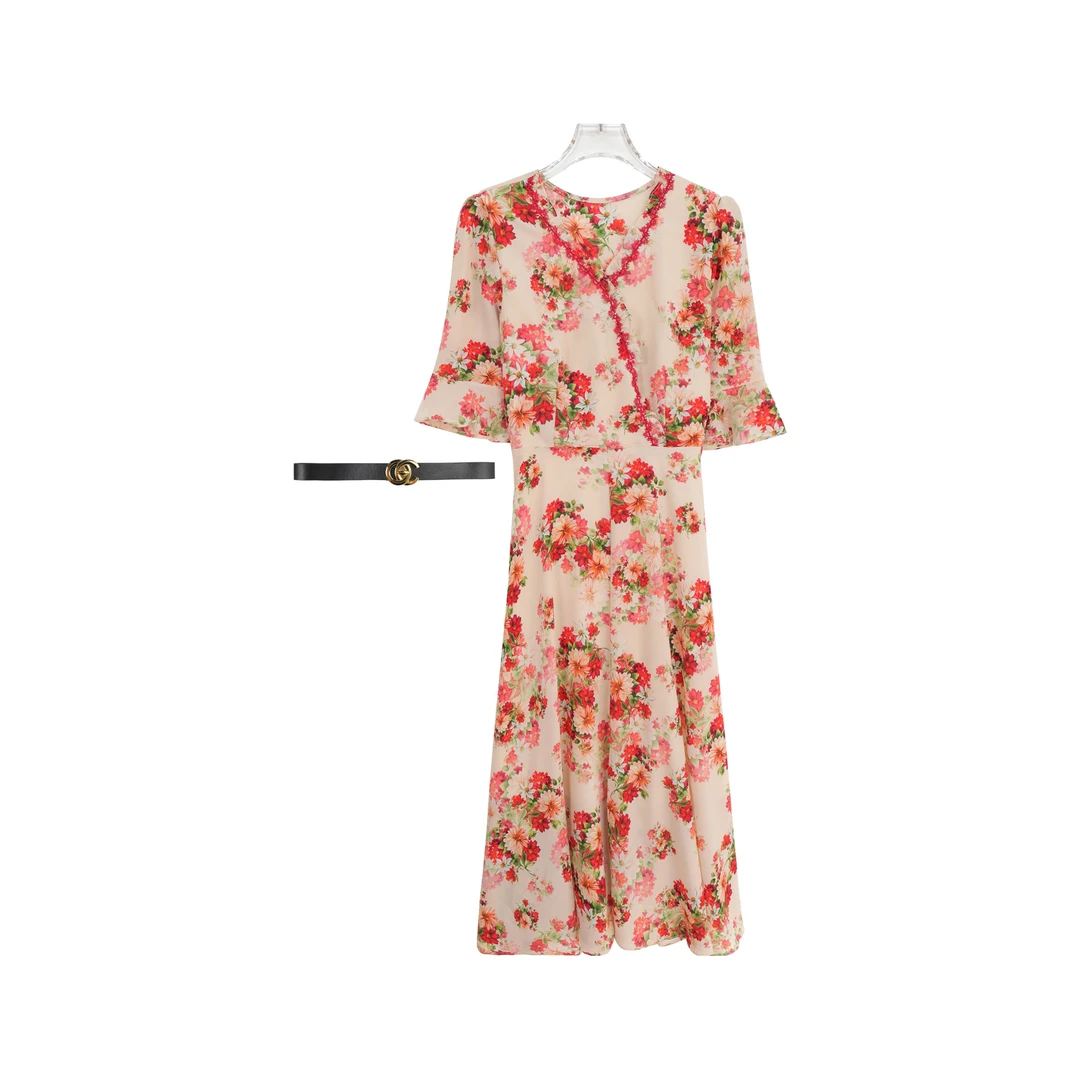 新款高端精致法式碎花气质收腰连衣裙（赠腰带）S369